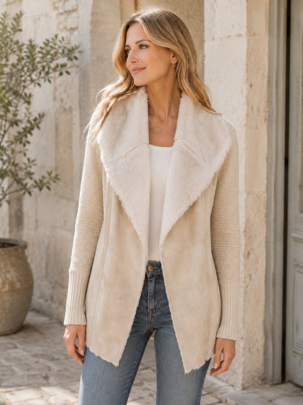 Womens Faux Suede Sweater Jacket XL Faux Fur Collar Mixed Media Beige Cowgirl